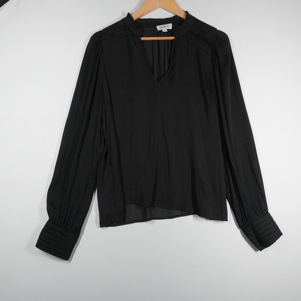Evereve Black Ruffle Split Neck Long Sleeve Pleated Shoulder Blouse L Pirate